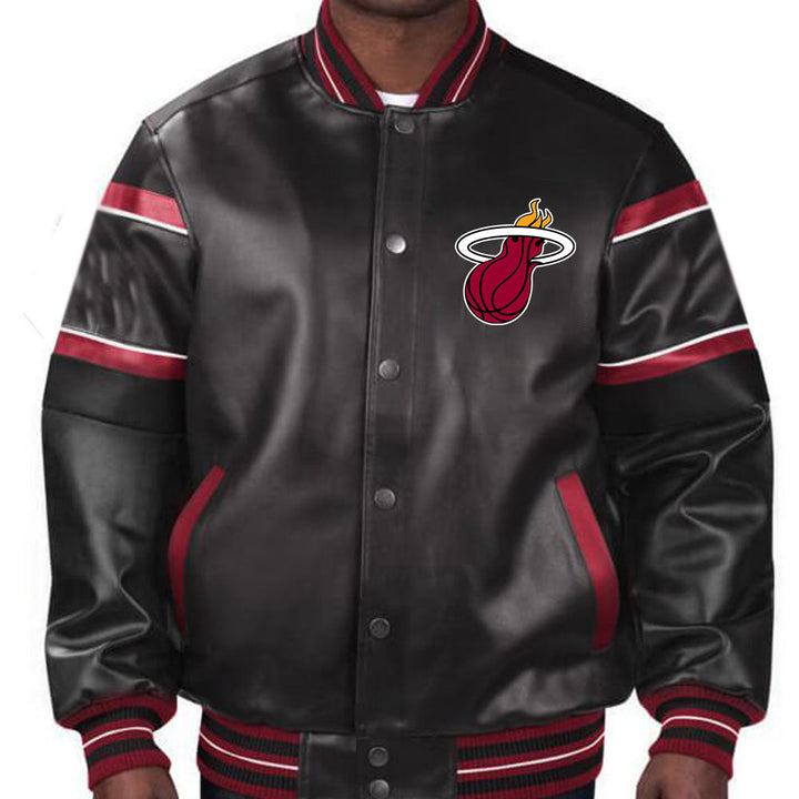 Stylish Miami Heat leather jacket in team colors for unisex wear in American Market