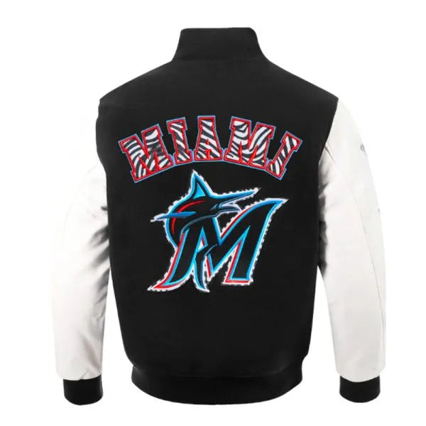 Black and white Marlins jacket with animal print logos

