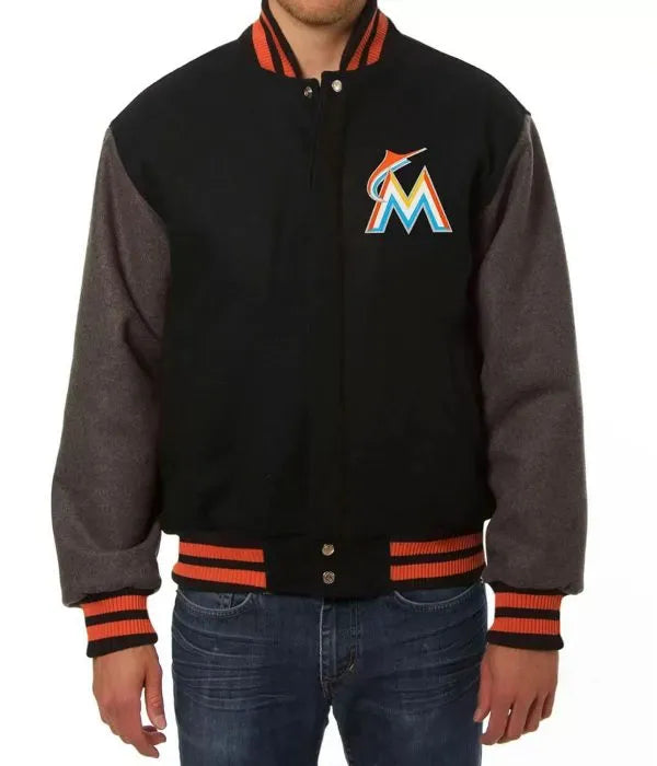Miami Marlins varsity jacket black and grey wool

