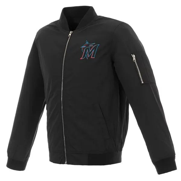 Miami Marlins black satin bomber jacket

