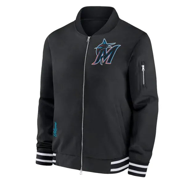 Black satin Miami Marlins bomber jacket with utility pocket

