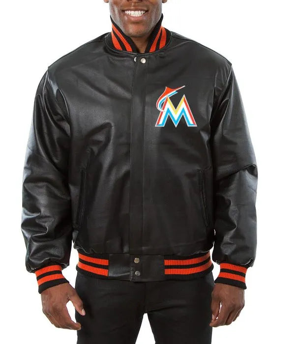 Miami Marlins black leather varsity jacket

