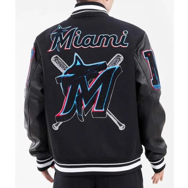 Black mash-up Miami Marlins wool and leather jacket

