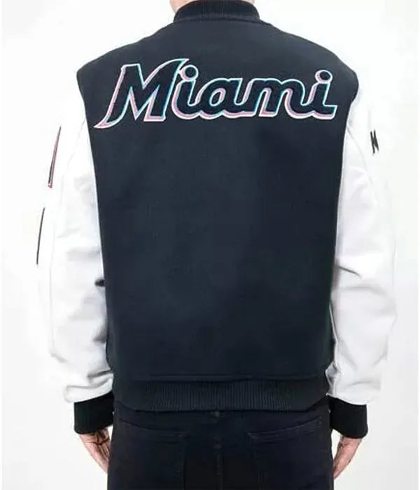 Two-tone navy blue varsity jacket Miami Marlins edition


