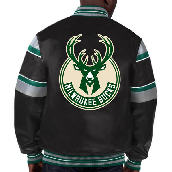 NBA Milwaukee Bucks leather jacket featuring team logo design for men and women in USA