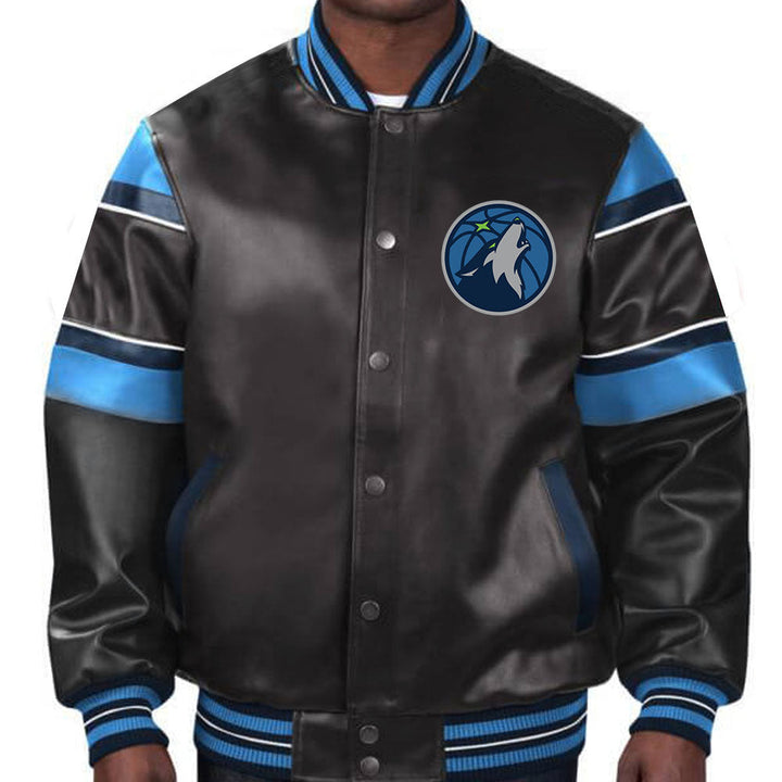 Stylish Minnesota Timberwolves leather jacket featuring team colors for unisex wear in American Market