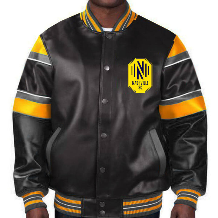 Official Nashville SC leather jacket with bold team branding in United State Market