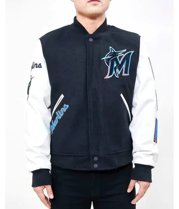 Miami Marlins varsity jacket navy blue and white

