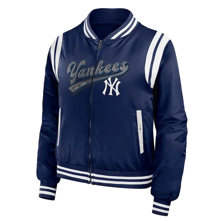 Stylish Navy Bomber Jacket Featuring New York Yankees Logo in American market