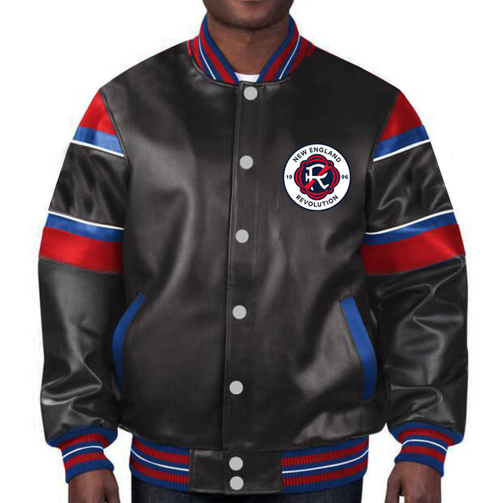 Bold and fashionable New England Revolution leather jacket with sleek design in American Style