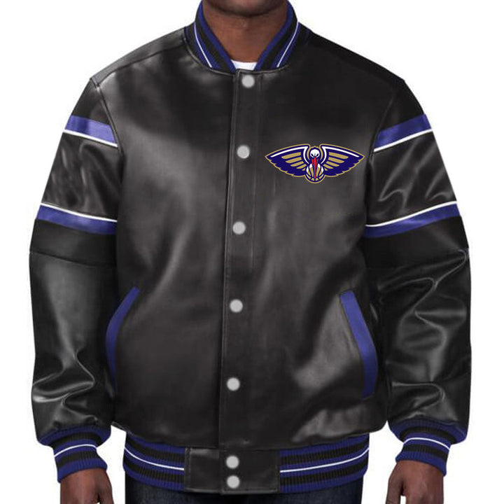 Stylish New Orleans Pelicans leather jacket featuring team colors for unisex wear in American Market