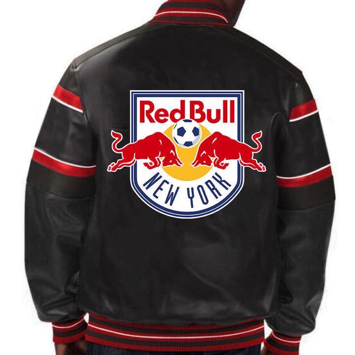 Premium leather jacket featuring the iconic New York Red Bulls logo in USA