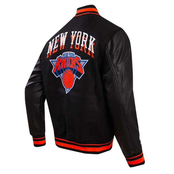 Back Cross View NFL NY Knicks Chest Layered Classic Rib Varsity Jacket