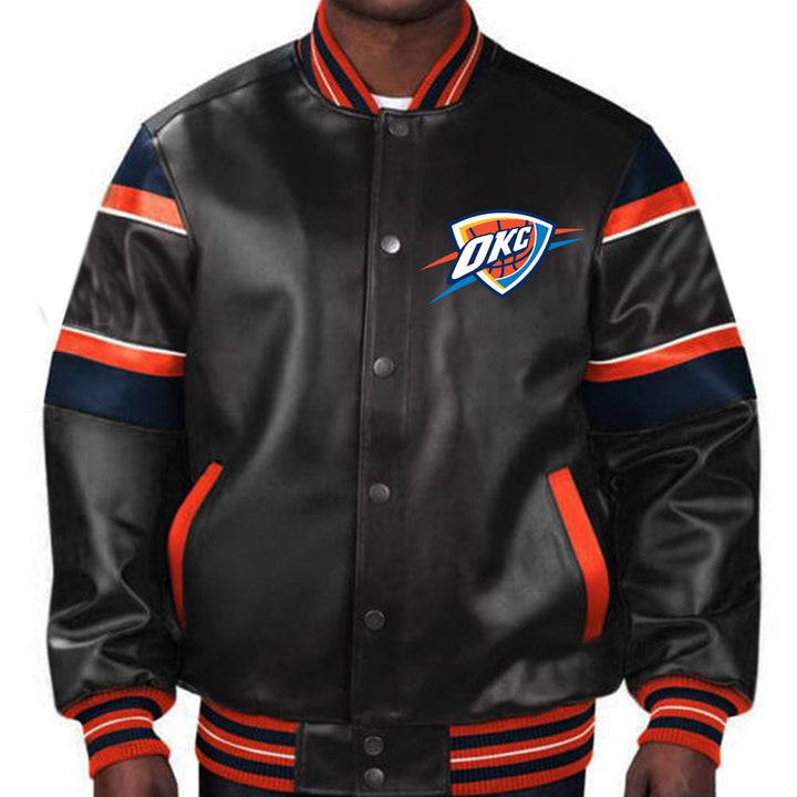 Stylish Oklahoma City Thunder leather jacket featuring team colors for unisex wear in American Market