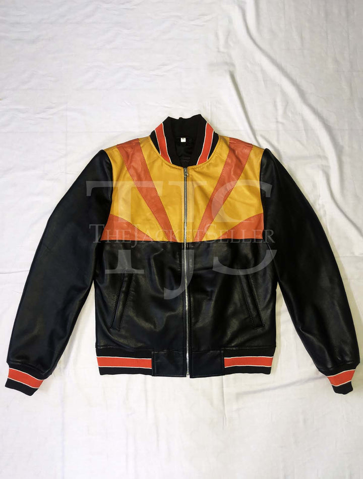 Bold sunrise leather jacket with orange and yellow sunburst design