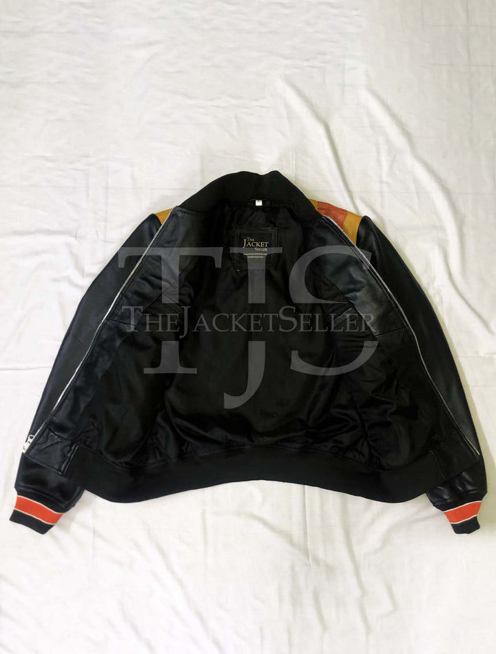 Stylish sunburst leather jacket with black base and bright colors