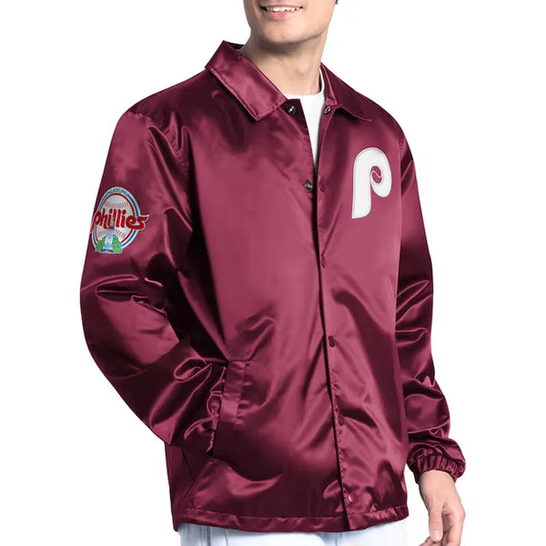 Philadelphia Phillies burgundy coaches jacket front and back

