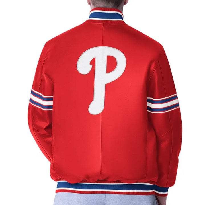 Unisex Phillies red satin jacket with bold logos

