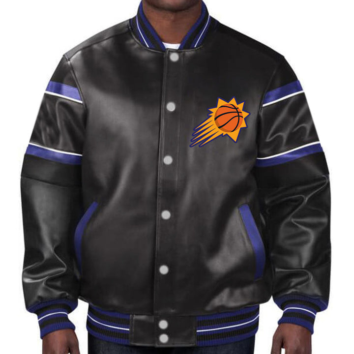 Stylish Phoenix Suns leather jacket featuring team colors for unisex wear in American Market