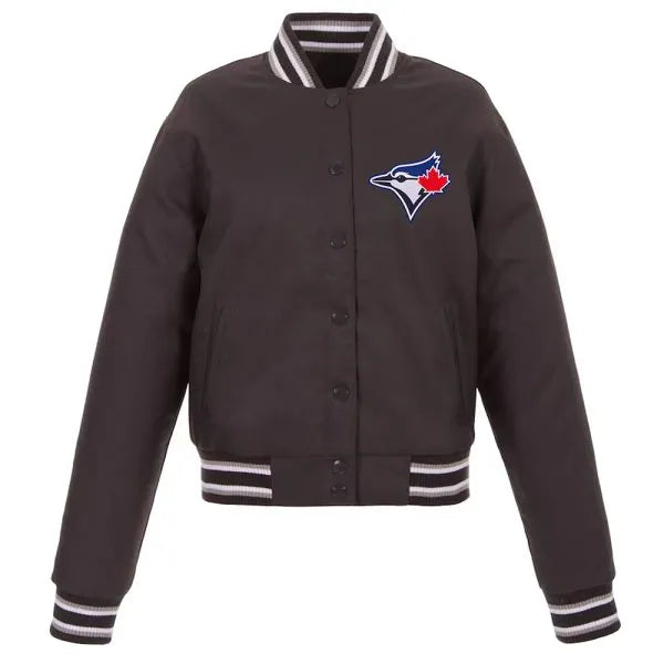 Black varsity jacket with a logo on the chest against a white  inbackground in USA