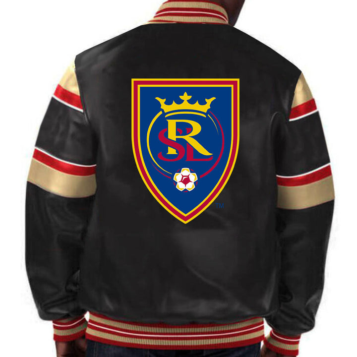 Authentic Real Salt Lake leather jacket with team logo and colors in USA