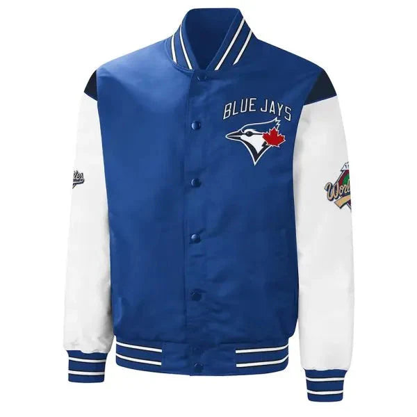 Blue and white jacket with 'Blue Jays' logo on a white background in USA