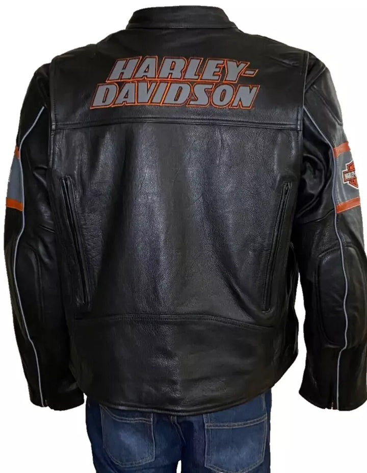 Close-up of Screamin’ Eagle logo and detailed stitching on Harley-Davidson leather jacket in American Style