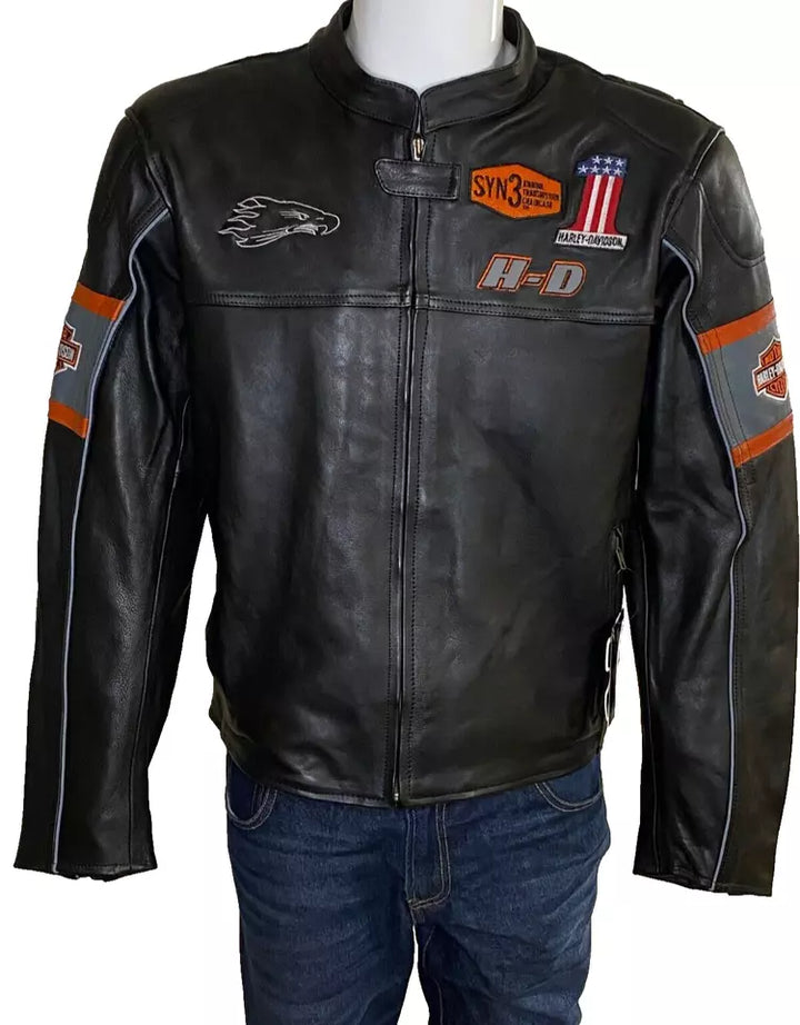 Front view of Harley-Davidson Screamin’ Eagle men’s real leather motorcycle jacket in USA
