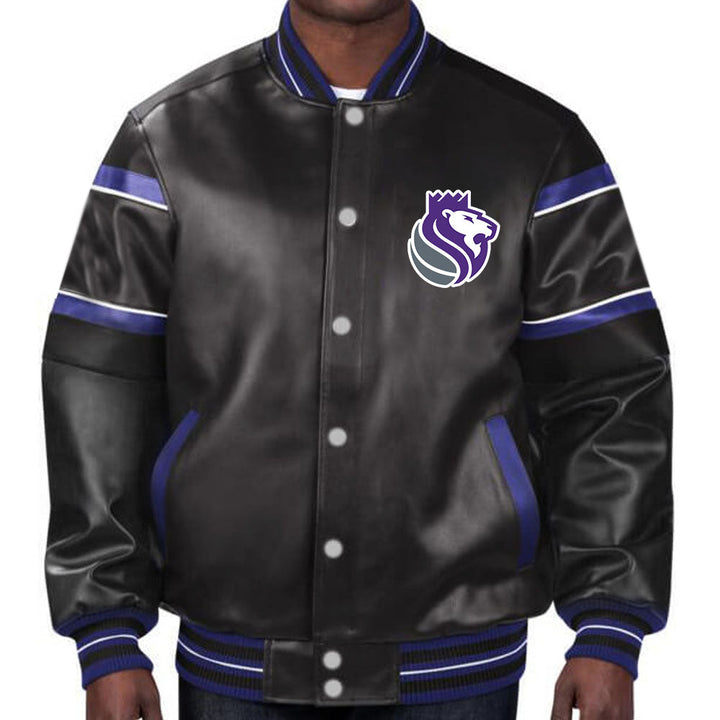 Stylish Sacramento Kings leather jacket featuring team colors for unisex wear in American Market