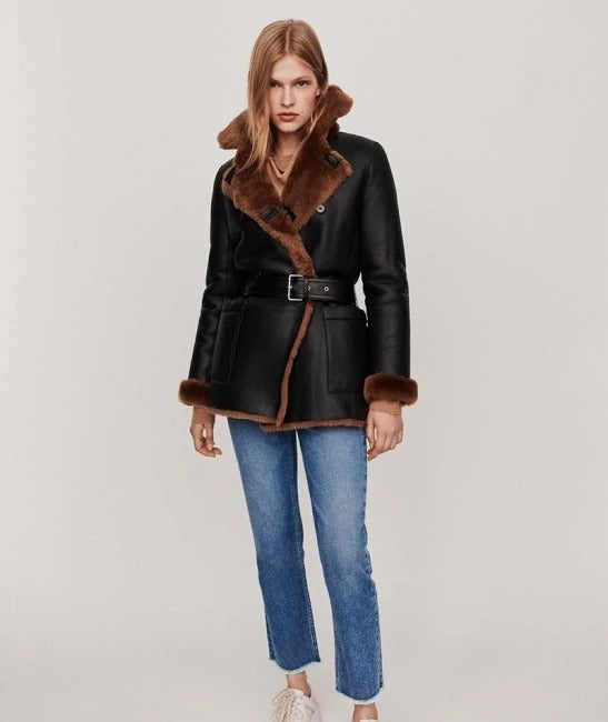 Winter black leather faux shearling coat in USA market