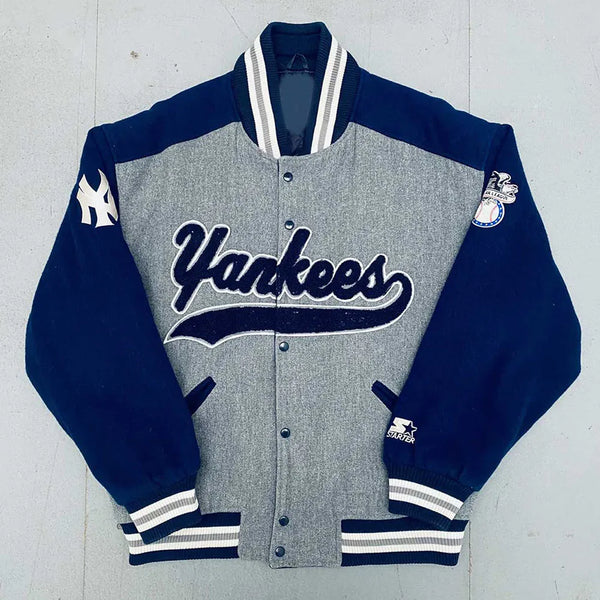 NY Yankees 1990’s Script Spellout Varsity Jacket For Men and Women