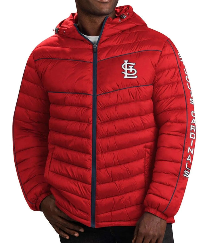 St. Louis Cardinals red puffer jacket with hood

