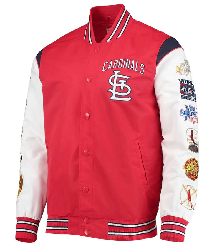Red and white MLB satin jacket for fans

