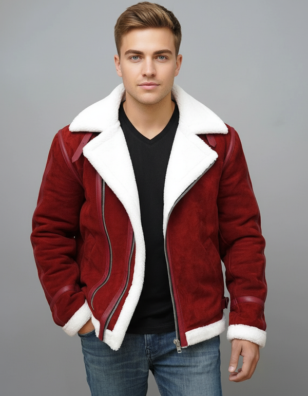Men's Red Suede Shearling Jacket | Luxury Aviator Winter Coat | Christmas Gift Idea