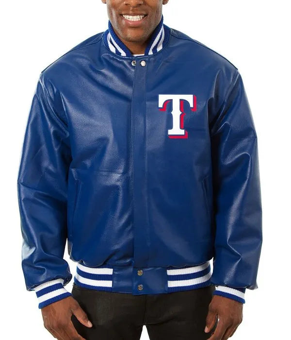 Person wearing a blue leather jacket with a logo on a white background