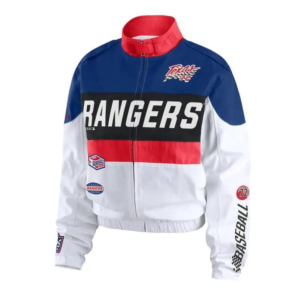 Baseball jacket with 'Rangers' branding on a white background