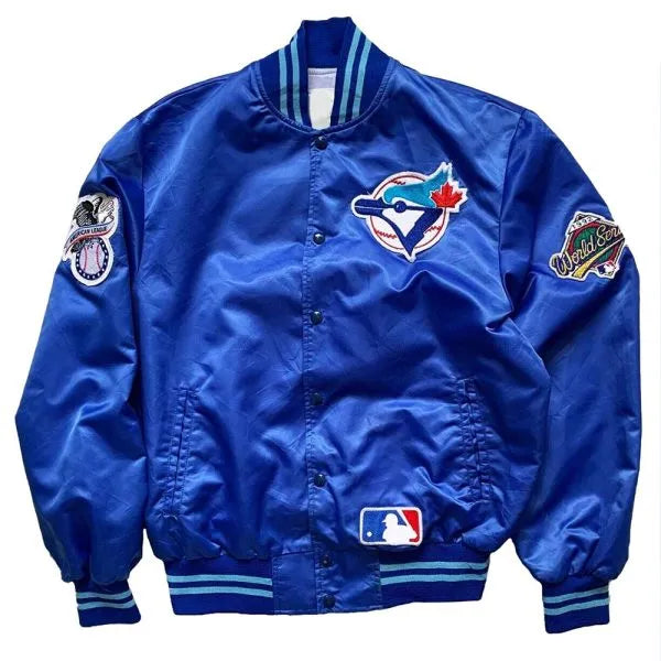 Blue sports jacket with logos on a white background in USA