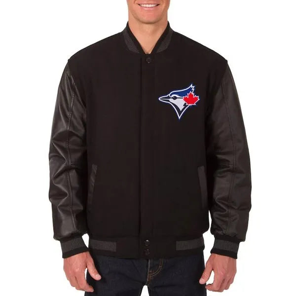 Black jacket with a logo on a white background
