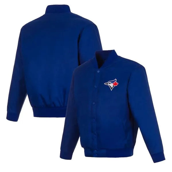 Blue jacket with a logo on the chest, shown from front and back on a white background in USA