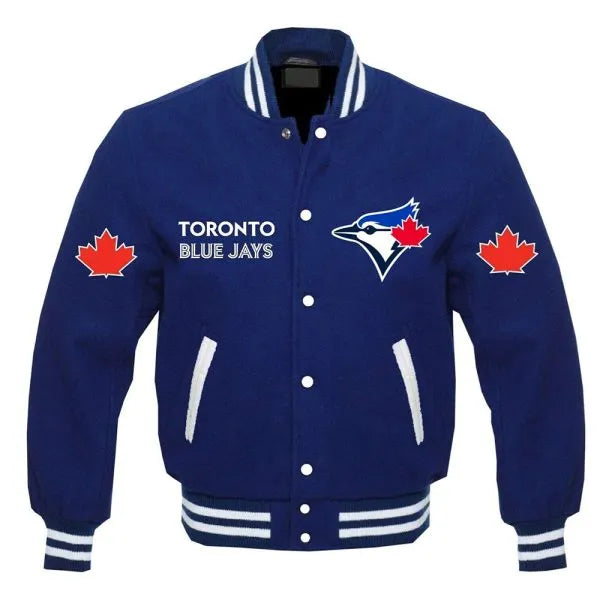 Blue jacket with Toronto Blue Jays logo on a white background in USA