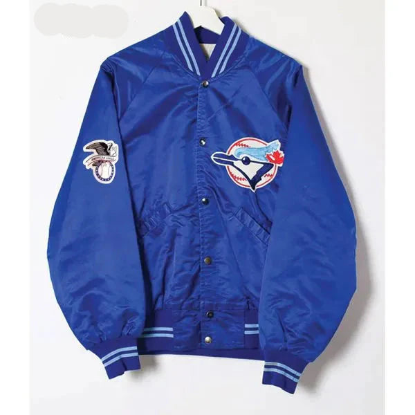 Blue varsity jacket with a logo on a white background
