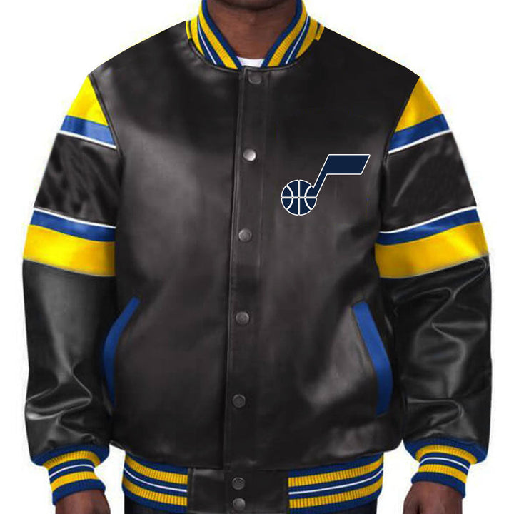 Stylish Utah Jazz leather jacket featuring team colors for unisex wear in American Market