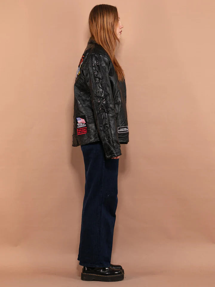 Classic Women's Vintage Leather Biker Jacket by TJS in United state market