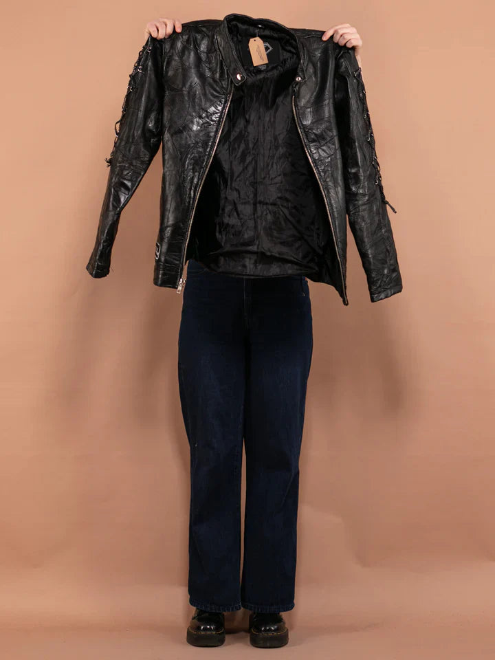 TJS Vintage Leather Biker Jacket for Women in France style