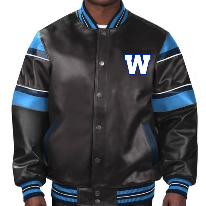 Official CFL Winnipeg Blue Bombers varsity jacket for fans in USA