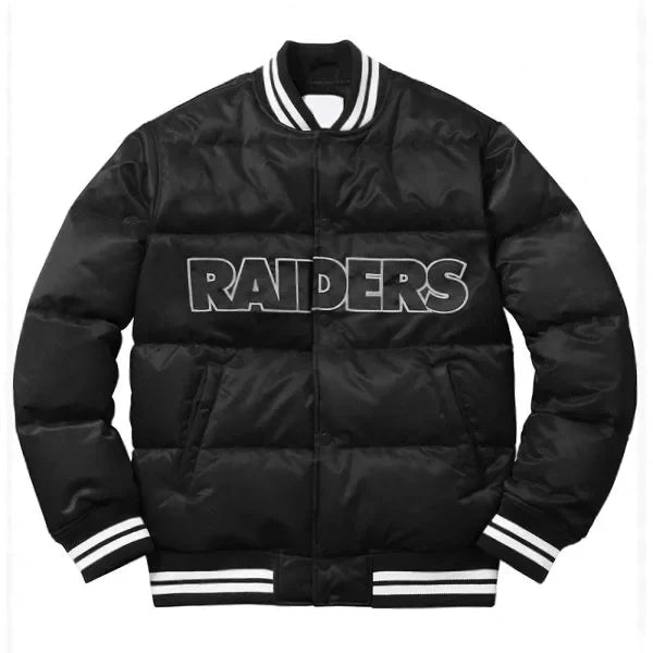 Las Vegas Raiders bubble varsity jacket in black satin

