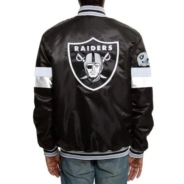 Front view of Antonio Pierce Raiders jacket with RAIDERS lettering

