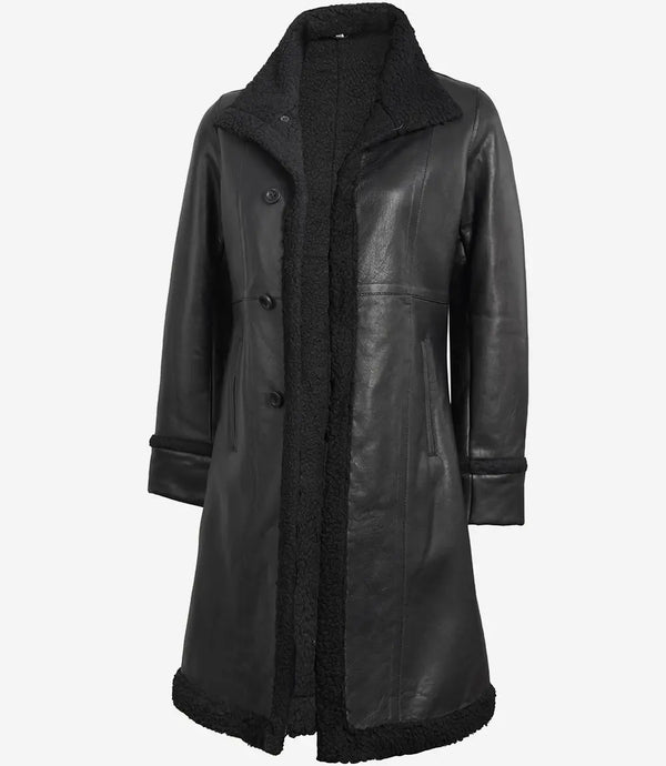 Women's 3/4 Length Black Leather Shearling Coat