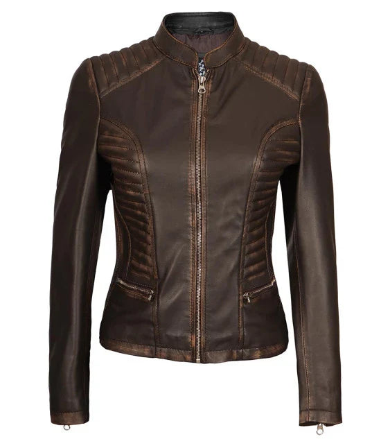 Buy Rachel Womens Dark Brown Rub-off Cafe Racer Leather Jacket