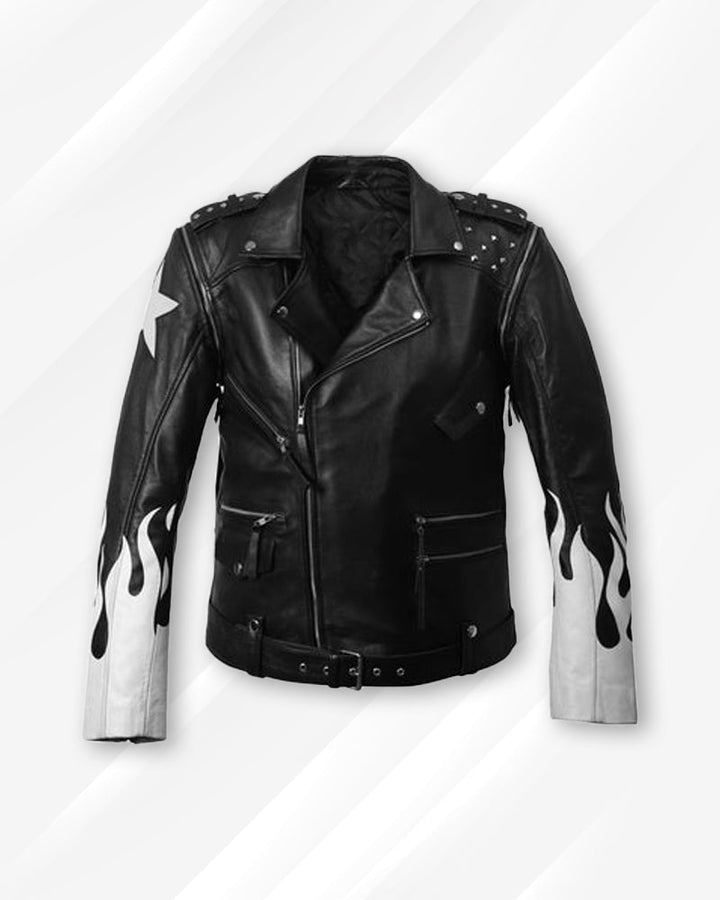 Sleek black leather jacket adorned with white flames in USA